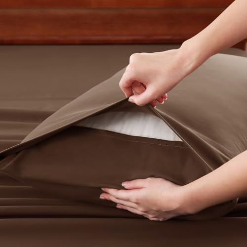 Image of CozyLux 6-Piece Cal King Sheet Set, Fits 18-21 Inch Mattresses, Oeko-TEX | 4 Pillowcases, 1 Flat Sheet and 1 Fitted Sheet with All-Around Elastic and 21-Inch Deep Pocket for a Secure Fit, Brown