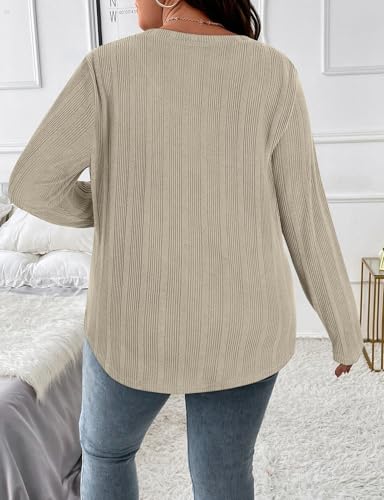 Image of Koscacy Women Plus Size Casual Knit Sweater V Neck Solid Color Tops Lightweight Long Sleeve Blouses