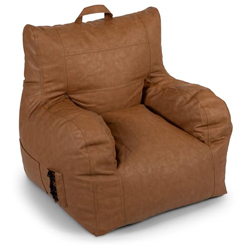 Big Joe Dorm Bean Bag Chair with Drink Holder and Pocket, Caramel Vegan Leather, Kids and Teens, 3 feet
