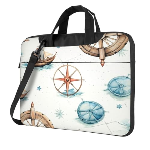 Entemne Bolsa para laptop de 13 pulgadas, diseño náutico, brújula, funda para laptop para mujeres y hombres, ligera, resistente al agua, para computadora, tablet, bandolera, maletín, multicolor, 15.6