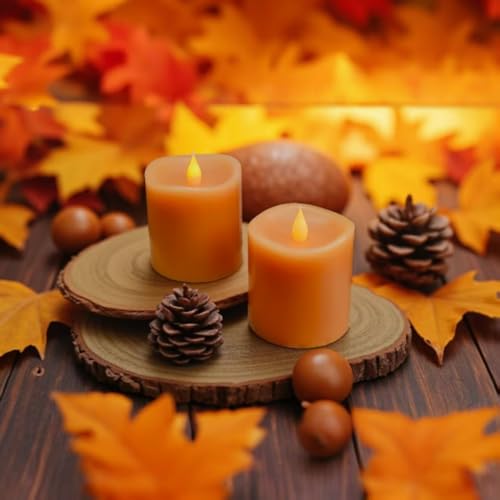 Image of Fall Flameless LED Candles 3 inch Diameter Real Wax 2AA Battery Operated 600hr+ Flickering Candles with Timer Remote Control for Halloween Thanksgiving Christmas Indoor (Orange, 3″x3″- 2 PCS)
