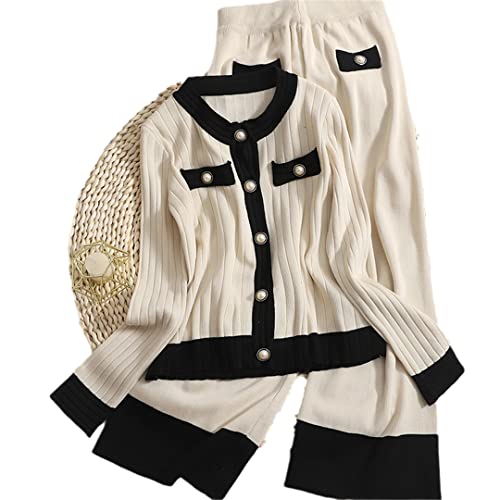 Las Mujeres Elegantes de Punto 2 Piezas Conjunto Solo Pecho Cardigan de Punto Jersey + Pantalones de Pierna Ancha Conjuntos Pantalones Trajes Beige One Size