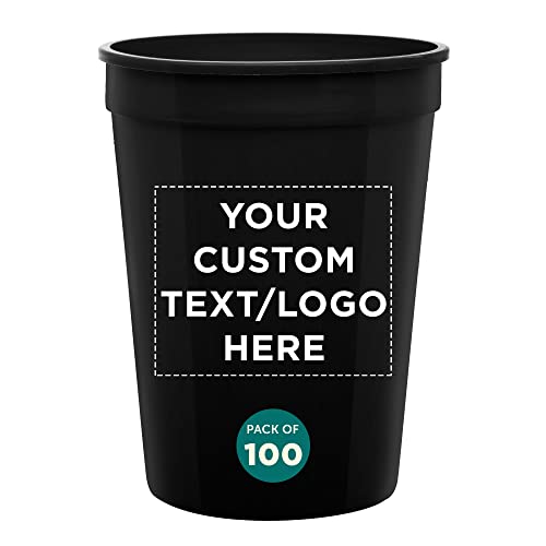 DISCOUNT PROMOS Personalized Plastic Cups + 12 oz Size + Disposable Party Design + Bulk Set (10, 50 or 100) Ideal for Weddings, Birthdays, Picnics & Beach Parties - Black