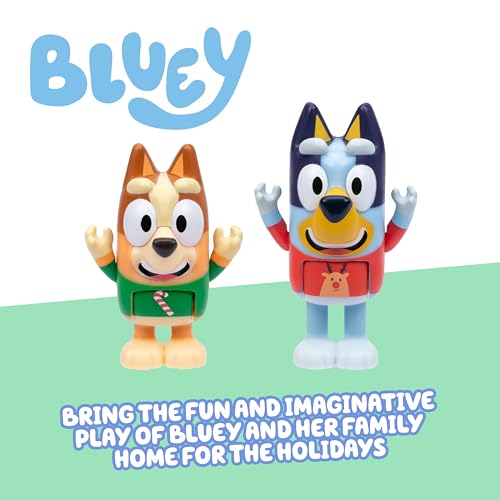Image of Bluey Ornament Pack of 2, Poseable Mini Figures in Sweaters | Converts from tree decoration to toy figure, gold base, 2025 dated; Bluey Christmas gift for kids ages 3+