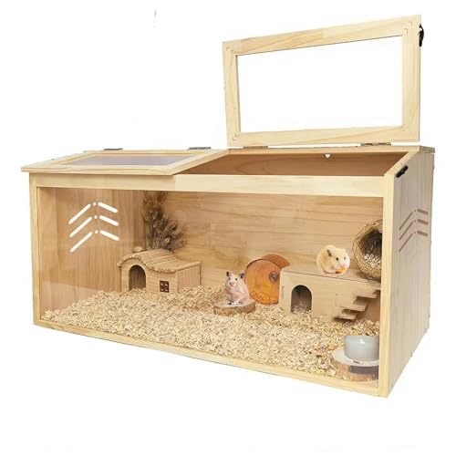 Image of Large Wooden Hamster Cage, 100 x 50 x 50 cm Transparent Small Pet Enclosure with Openable Acrylic Roof and Front Door for Syrian Hamsters, Dwarf Hamsters and Gerbils