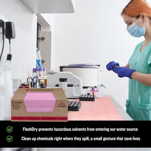 Image of FlashDry Chemical Spill Absorbent Pads - 10 Pads, 17.5 inchx13.5 inch, High Absorbency, Quick Liquid Cleanup, Chemical-Resistant, Durable Matting for Industrial, Lab & Workplace Use, Efficient Spill Control