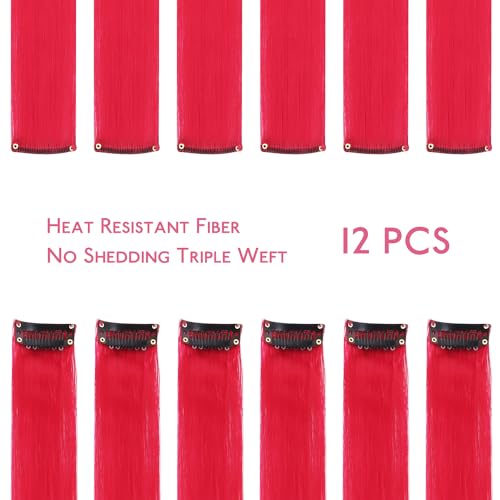 Image of WENNALIFE 12 PCS Red Hair Extensions Clip in, Colored Clip in Hair Extensions for Kids Highlights Rainbow Hair Clips for Girls Synthetic Straight Pop-up Style Colorful Festival Girls Hair Accessories