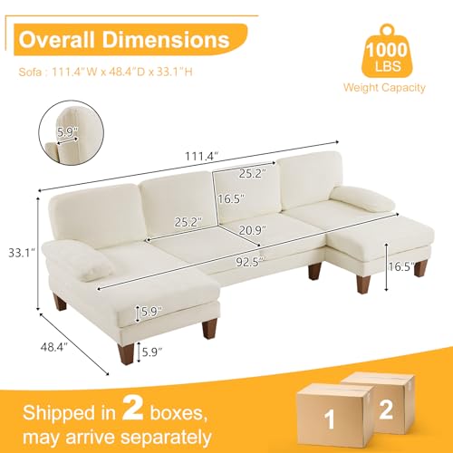 Image of Karl home Compact U-Shape Sectional Sofa Couch 111 inch 4-Seat Beige | Modern, Chenille Fabric Upholstered, Double Chaise, Wood Grain Legs for Living Room, Home Office, Apartment, Studio