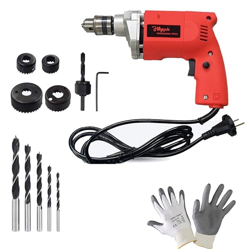 Image of Hillgrove HGCM1113M1 500W Power Drill Machine with 5Pcs Wood Bits and 6Pcs Hole Saw Drill Bits for Making Holes in Metal /Wood /Concrete Pistol Grip Drill (10 mm Chuck Size)