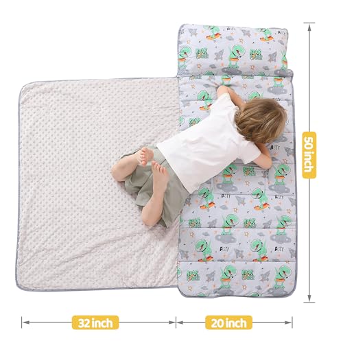 Image of Viviland Toddler Kid Nap Mat for Preschool, Grey Dinosaur Slumber Bag, Daycare Bag with Pillow and Blanket, Kindergarten Mat