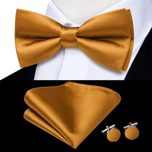 Image of Hi-Tie 5Pcs Mens Solid Color Silk Tie Satin Pretied Bowtie Lapel Pin for Men Handkerchief Cufflink Wedding Gift Box