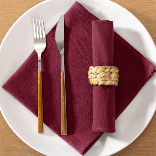 Image of MLMC 8 Pack Burgundy Cloth Napkins Rustic Washable Cotton Linen Napkins Set of 8 17 inchx17 inch Reusable Wine Red Dinner Napkins Cloth for Wedding Bridal Baby Shower Table Decor