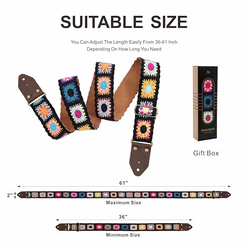 Image of Nefelibata Guitar Strap,Crazy Horse Leather Jacquard Embroidery Cotton Guitar Straps for Bass, Electric & Acoustic, Best Gifts for Guitarists(Sunflower Black Embroidery)