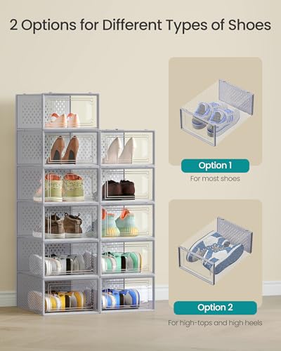 Image of SONGMICS Shoe Boxes, Pack of 12 Shoe Storage Organizers, Stackable Clear Plastic Boxes for Closet, Sneakers, 13.1 x 9.1 x 5.6 Inches, Transparent and Gray ULSP006G12