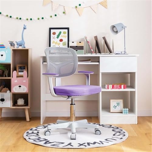 Image of Pemberly Row Kids Study Chair, Adjustable Height 31.5-36 in, Mesh Back, Cushioned Seat, Lumbar Support, Swivel Seat, Auto Brake Casters, Purple Finish, Ergonomic Chair for Study or Homework Use
