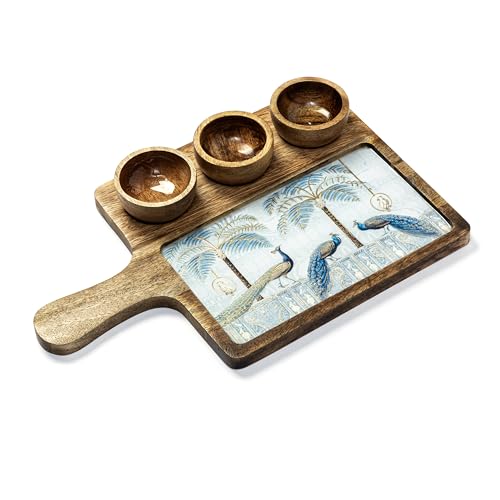 Image of Handcrafted Mango Wood Serving Platter with 3 Dip Bowls | Traditional Print | Waterproof, Heat-Resistant, Food-Safe Lacquer Finish | 15.5 x 10 Inch | Made in India (MgPlwith3Bowl-BlueGoldPeacock)