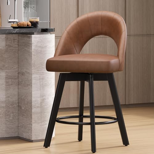 Image of YaFiti 24 inch Counter Height Bar Stools, Ergonomic Curved Back Design Swivel Bar Stools with Faux Leather Seat & Solid Wood Legs for Kitchen Island, 1 PCS, Light Tan
