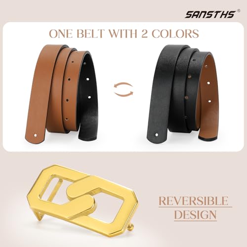 SANSTHS Fashion Women Reversible Belts for Dresses Jeans Pants, Two-in-one Skinny Belt for Women with Gold Buckle, S
