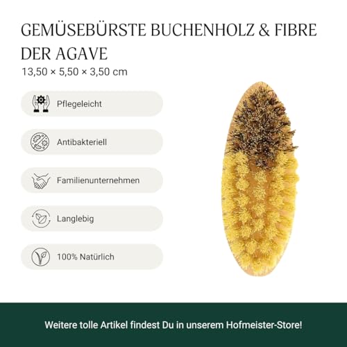 HOFMEISTER® Gemüsebürste 13,5 cm Holz - hochwertige Naturborsten in 2 Härtegraden: echt Union und Fibre, für Kartoffeln, Karotten & Gemüse, Wurzelbürste aus Buchen-Holz, Made in EU
