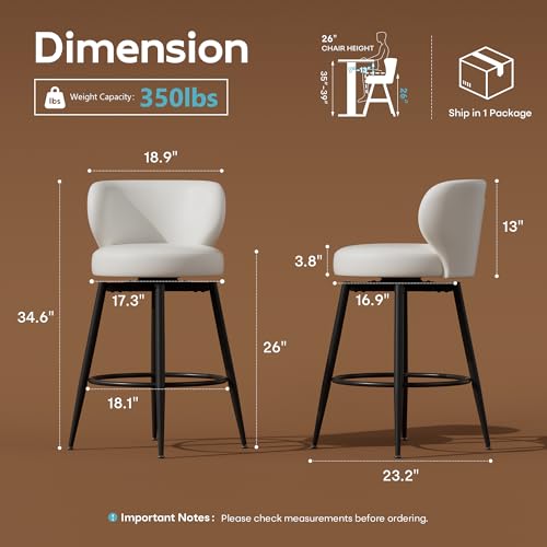 Image of 26 inch Cream White Bar Stools Set of 2, Swivel Kitchen Island Chairs