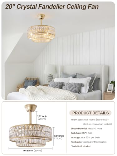 Image of Gold Fandelier Ceiling Fan with Light,20 inch Crystal Chandelier Ceiling Fans with Lights and Remote Control,Modern Caged Flush Mount Fandelier with 6 Speeds for Living Room Bedroom Nursery