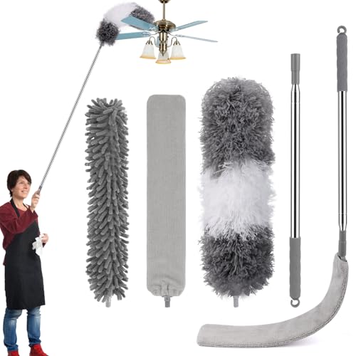 TNOMSNO 4 Piezas Plumero Telescopico Extensible, Palo Telescopico Limpieza 41-210cm, Plumero Telescopico para Limpiar Persianas, Techos, Muebles y Telarañas