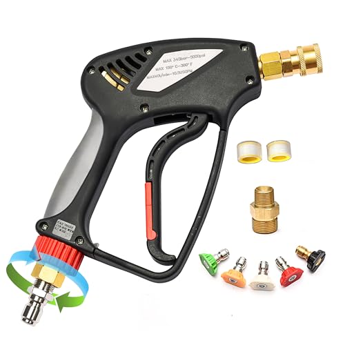 ANJIESENG Short Pressure Washer Gun with 360 Swivel - 5000 PSI / 10.5 GPM High Pressure Water Handle with 3/8' Male Plug and 1/4' Quick Connector Coupler - Ideal Power Car Wash Foam Gun (brass)