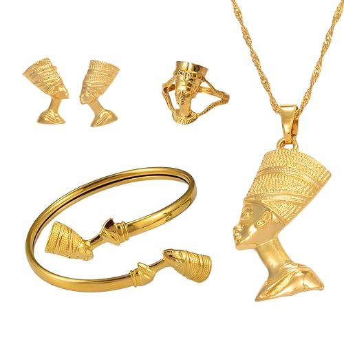 14k Yellow Gold Together Ankh Africa Map Nefertiti Necklace For Women - 925 Sterling Silver Set 3pcs Nefertiti Pendant Jewelry Queen Nefertiti Jewelry Egyptian Chain Necklace