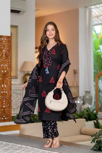 Image of PARTHVI Women's Pure Cotton Printed Straight Kurta Set with Palazzo Pants & Dupatta- Ethnic Wear, Black