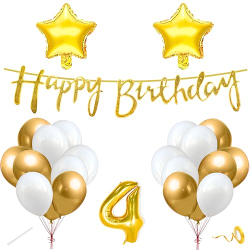 Image of Flyloons 4th Happy Birthday Decoration Kit Gold White for Baby Boys Girls Kids Twins With 20 Pcs Chrome Balloons Birthday Banner 2 Pcs Star Items Set Golden