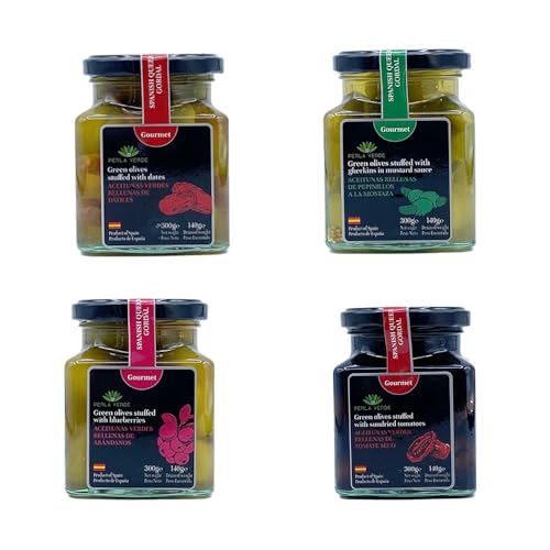 Kit Gourmet de Aceitunas Sevillanas: Una delicia de sabores que se unen para destacar un aperitivo - Pepinillos, Dátiles, Arandanos y Tomate - Cultivadas en Andalucía.