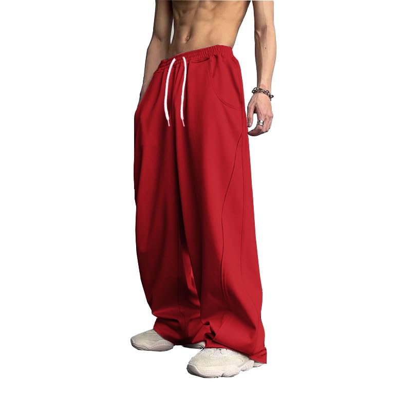 WZIKAI Mens Baggy Sweatpants Elastic Waist Drawstring Wide Leg Sweatpants Casual Loose Baggy Joggers with Pockets Red XXL
