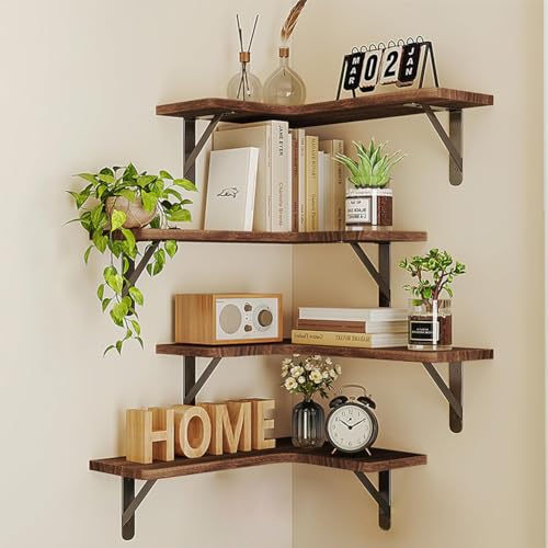 BAKAJI Juego de 4 estantes de Madera angulares, estantería esquinera para Montaje en Pared, Barras de Metal, estantería para Dormitorio, salón, Cocina, baño, librería ahorradora de Espacio (Roble)