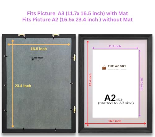 Image of A3 Size Wooden Photo Frame with Mat, Black Photo Frame for Wall Decoration, Home Decor for Wall Hanging, Best Wooden Photo Frame for Posters and Photos (A2 Size Matted to A3 Size)