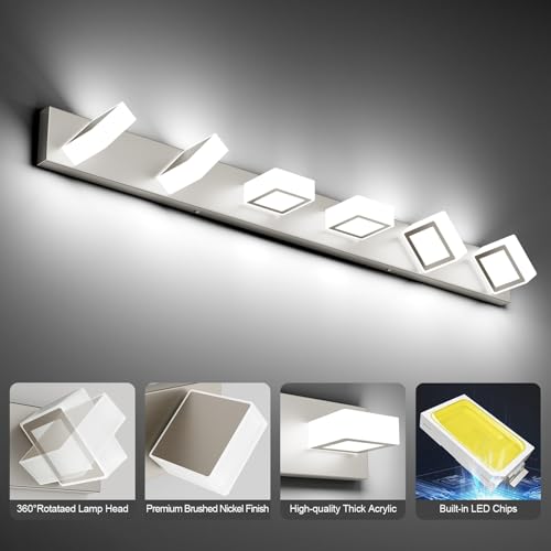 Image of Ralbay Brushed Nickel Bathroom Vanity Lights 48inch Metal Acrylic LED Modern Bathroom Wall Lighting Fixtures Over Mirror Brushed Nickel (White Light 6000K, Non-dimmable)