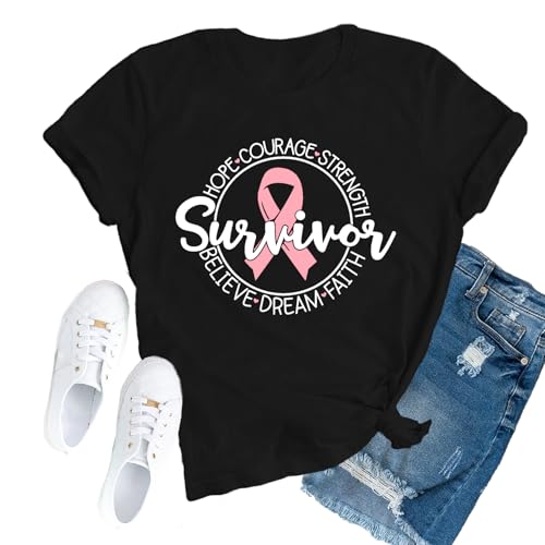 Womens Breast Cancer Shirts Pink Ribbon T-Shirt Breast Cancer Survivor Crew Tee Top