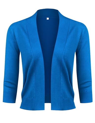 Image of URRU Women's Classic 3 /4 Sleeve Open Front Cropped Cardigan Sweater Lightweight Knit Short Shrugs