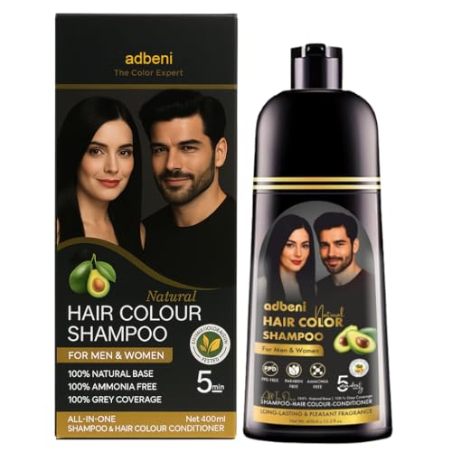 Adbeni Hair Color Shampoo Natural Black 400ml with Conditioner | For Men & Women | Alternate to Hair Dye | Ammonia Free, Paraben Free, PPD Free | Includes 10 Pair Free Gloves | Long Lasting Colour