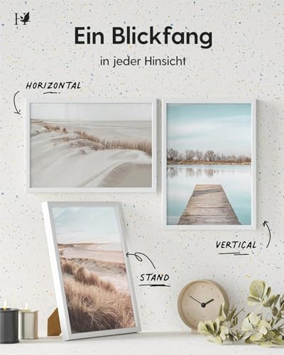 Heimlich® - Bilderrahmen - A4 21x30 cm, Ayous-Holz, Weiß Bilderrahmen für Urkunden, Diplome und Dokumente mit Folienabdeckung – Wandmontage oder Tischaufsteller