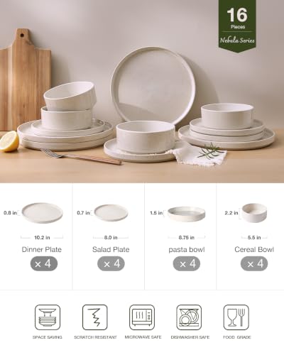 Image of Famiware Nebula 16-Piece Plates and Bowls, Creamy White | Reactive Glaze Dinnerware Set with Pasta Bowls, Service for 4 - Chip & Scratch Resistant, Microwave & Dishwasher Safe