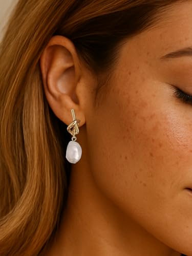 14K Gold Plated Knot Pearl Drop Earrings for Women Elegant Baroque Freshwater Pearl Design Dangle Earrings, Minimalist Gold Twist Design, Lightweight Statement Jewelry for Long Wear, Dainty Chic Classy and Classic2