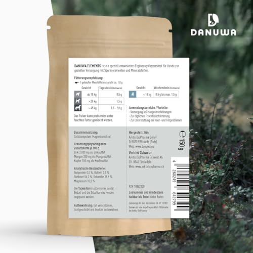 DANUWA Elements 150g – Spurenelemente & Mineralstoffe für Hunde - Canine Booster mit Magnesium, Zink, Kupfer & Mangan – Ergänzungsfuttermittel für gesunde Knochen, Nerven & Immunsystem