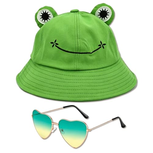 Grenouille Chapeau Bob Vert avec Lunettes Cœur, Chapeau...