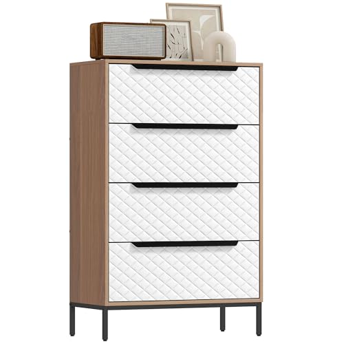 HOMCOM Cómoda con 4 Cajones de Tela, Cómoda para Dormitorio, Frentes con Patrón de Diamante, Cajonera para Salón, Oficina, Vestidor, Natural y Blanco