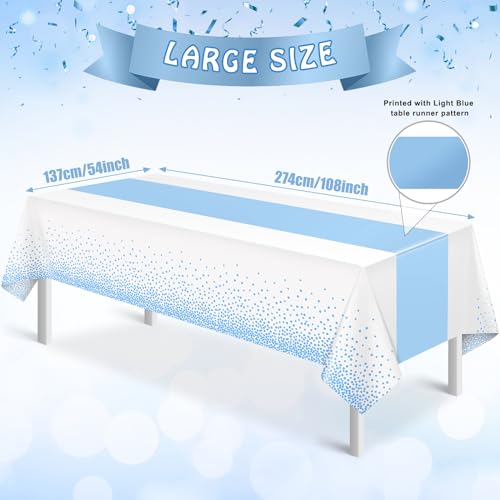 Image of MASHAN 6Pcs White and Light Blue Polka Dot Plastic Rectangular Tablecloths, 54x108 Inch, Spill Resistant, Perfect for Birthday, Wedding, Graduation Parties