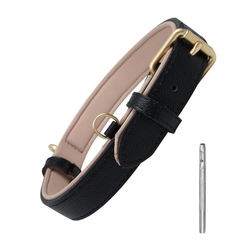 Lmlpt Collier pour chien en cuir noir pour chiens de petite, moyenne et petite, en cuir véritable, doux, rembourré, réglable, épais avec anneau en D robuste, taille S
