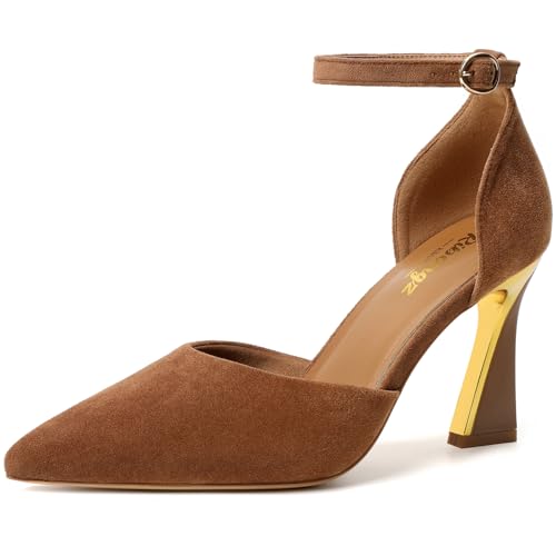 RIBONGZ Women's Caramel Brown Suede Closed Pointed Toe Heels Ankle