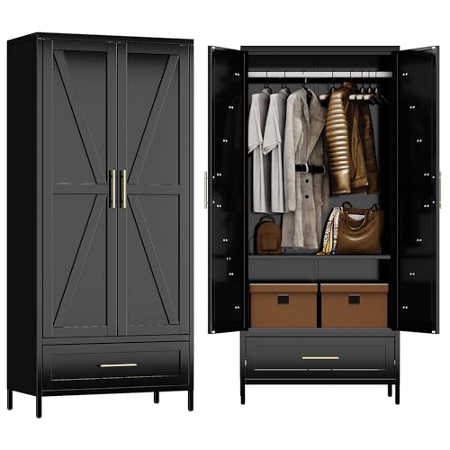 Image of Aobabo Metal Wardrobe Cabinet with 1 Drawer, 71 inch H Metal Armoire Wardrobe Closet with 1 Adjustable Shelf and Hanging Rod for Home, Laundry Room, Office, Installation Required, Black