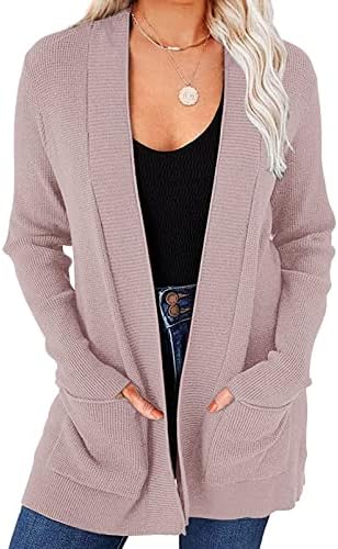 MEROKEETY Women's Fall Winter Cardigan Sweaters Lightweight Open Front Waffle Knit Sweaters with Pockets