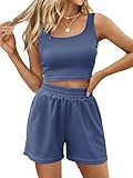 Trendy Queen Two Piece Summer Outfits 2 Piece Sets 2025 Sleeveless Matching Lounge Crop Top High Waisted Short Blue L